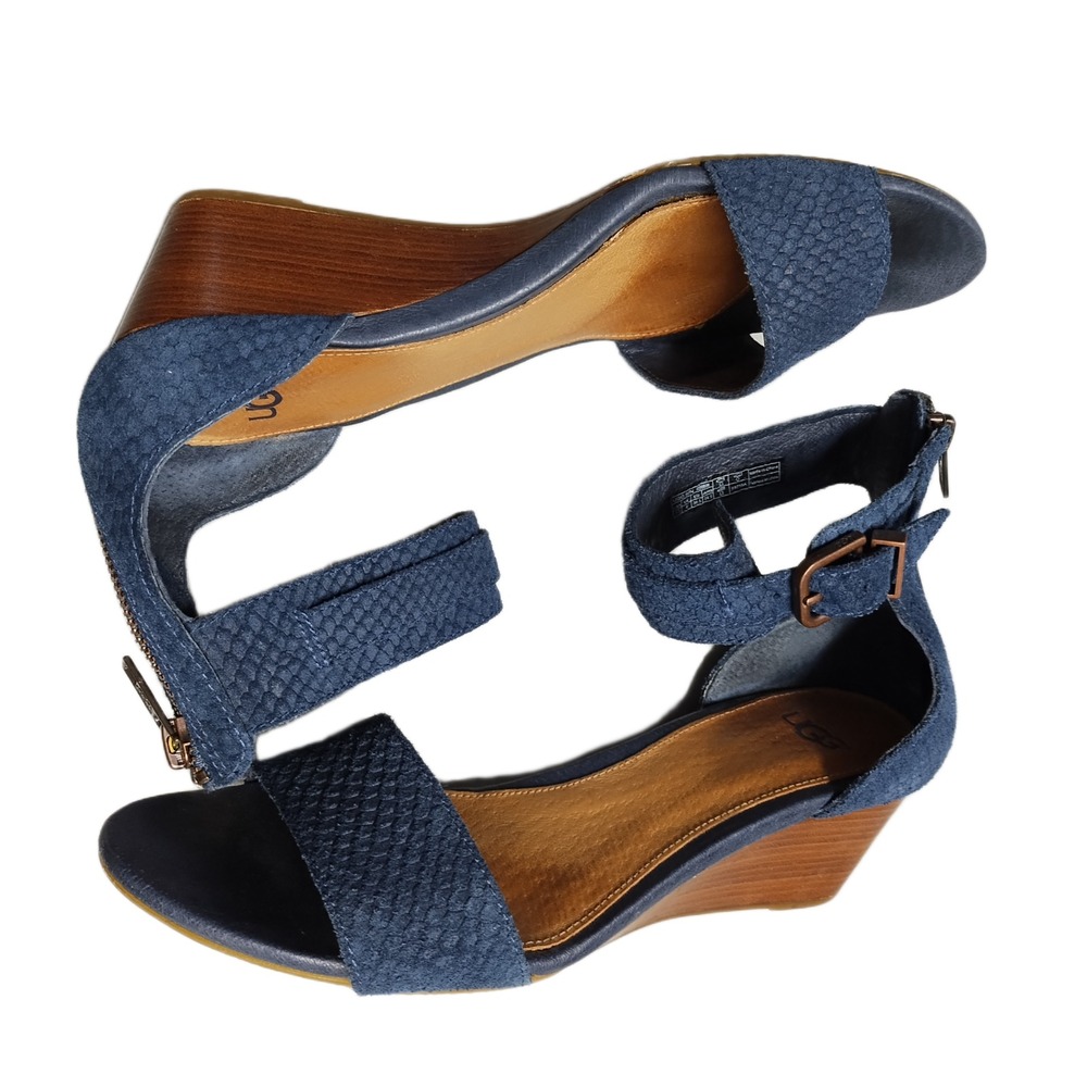 UGG Australia Char Mar Wedge Sandals Women 7.5 Blue Ankle Strap Back Zip 1006939